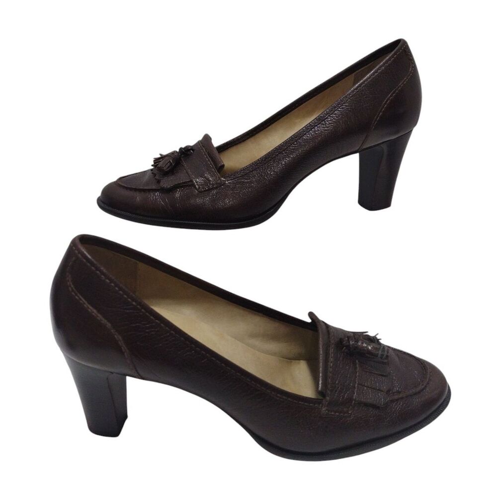 Talbots Leather Tassel Loafer 3" Block Mid Heel Pumps 7.5M Preppy Office Casual